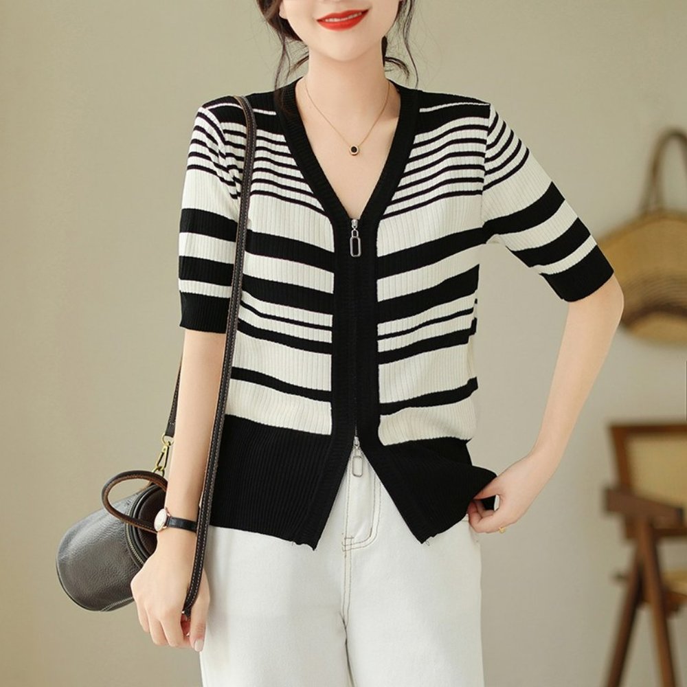Striped Knit Tops Women Summer, Short Sleeve Knit Tops, V Neck Knit Tops